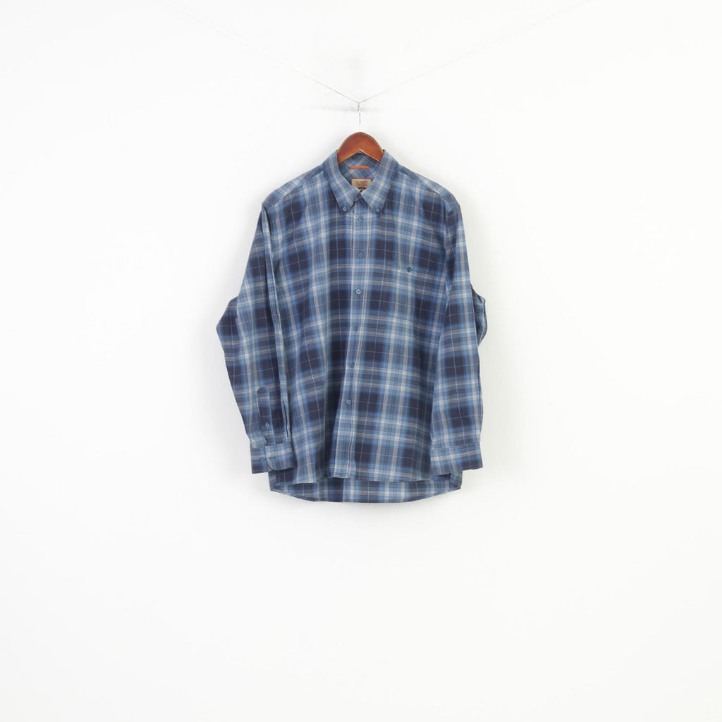 Globetrotter Men L 4142 Casual Shirt Checkered  Down Collar Blue Long Sleeve Cotton Top
