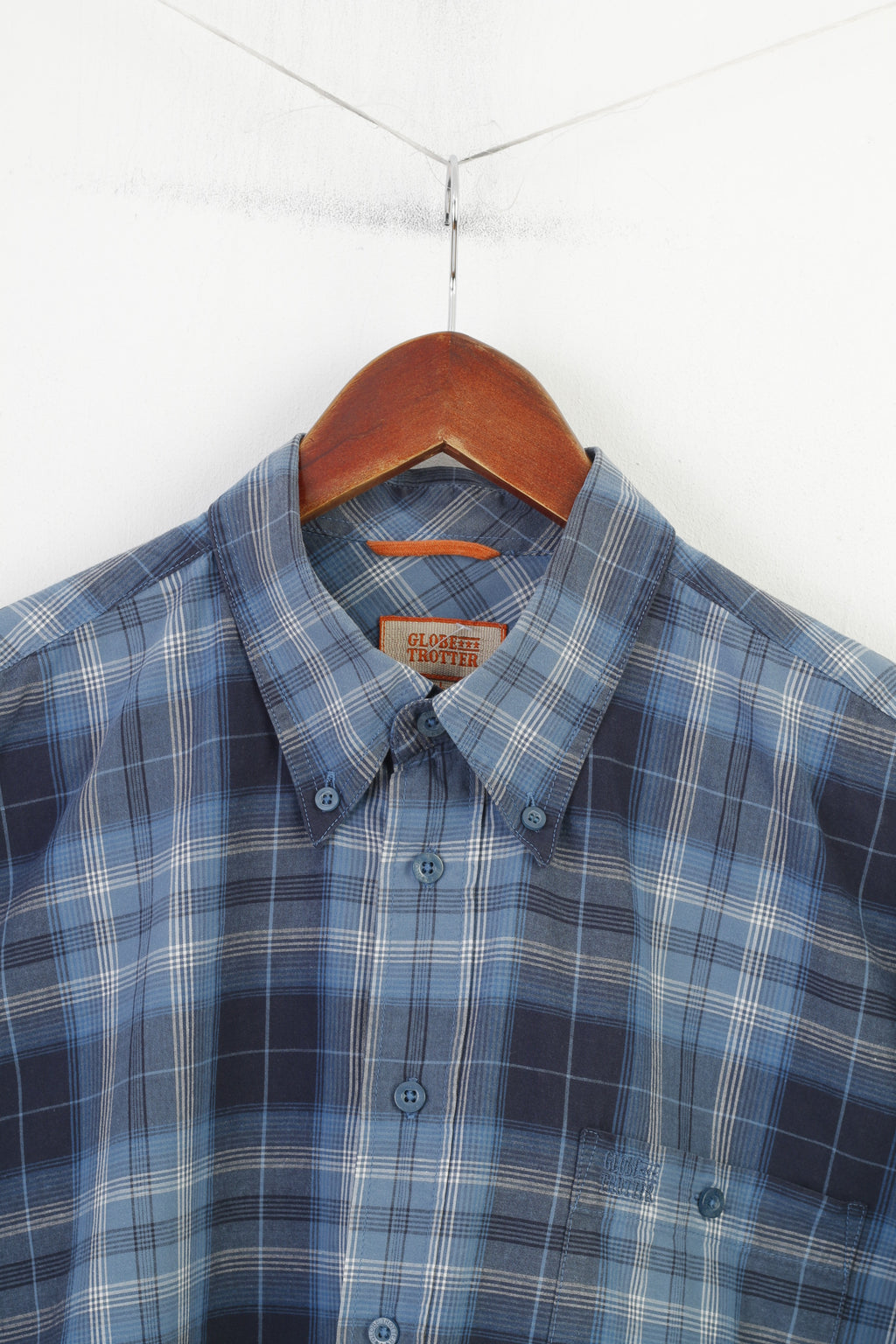 Globetrotter Men L 41/42 Casual Shirt Checkered  Down Collar Blue Long Sleeve Cotton Top