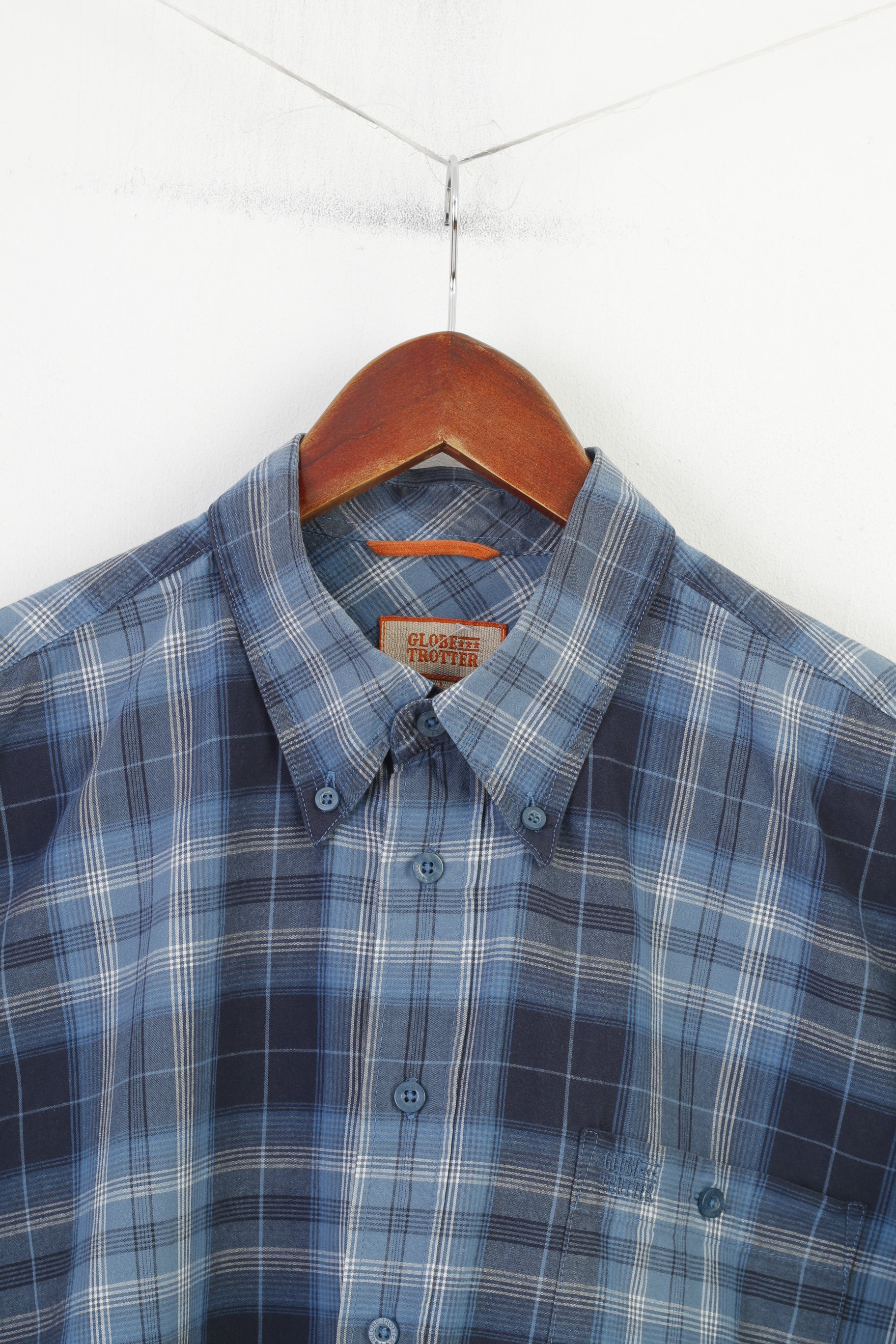 Globetrotter Men L 41/42 Casual Shirt Checkered  Down Collar Blue Long Sleeve Cotton Top