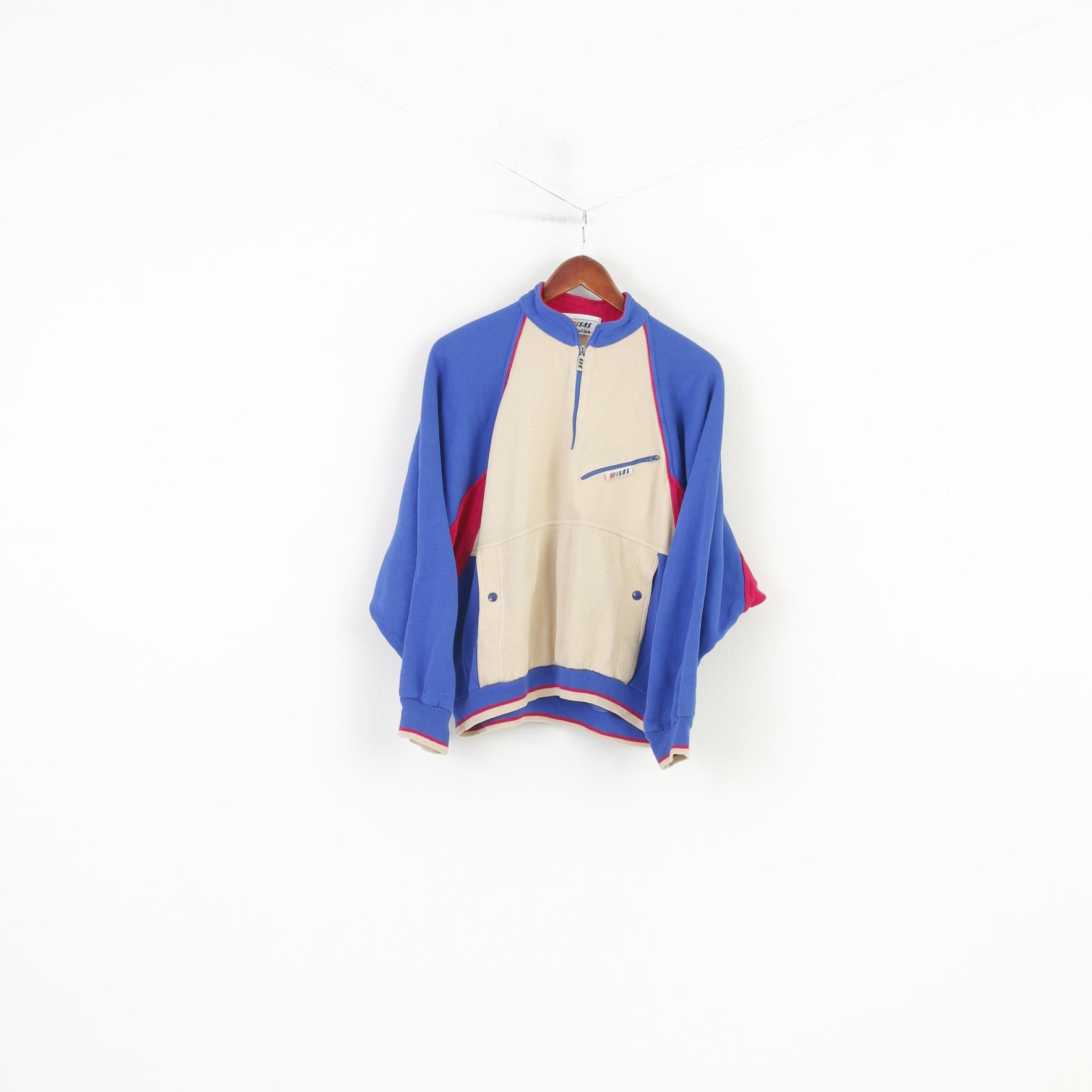 SAS Women M Sweatshirt  Zip Neck Beige Cotton Italy Sportswear Collar Oversize Vintage Top