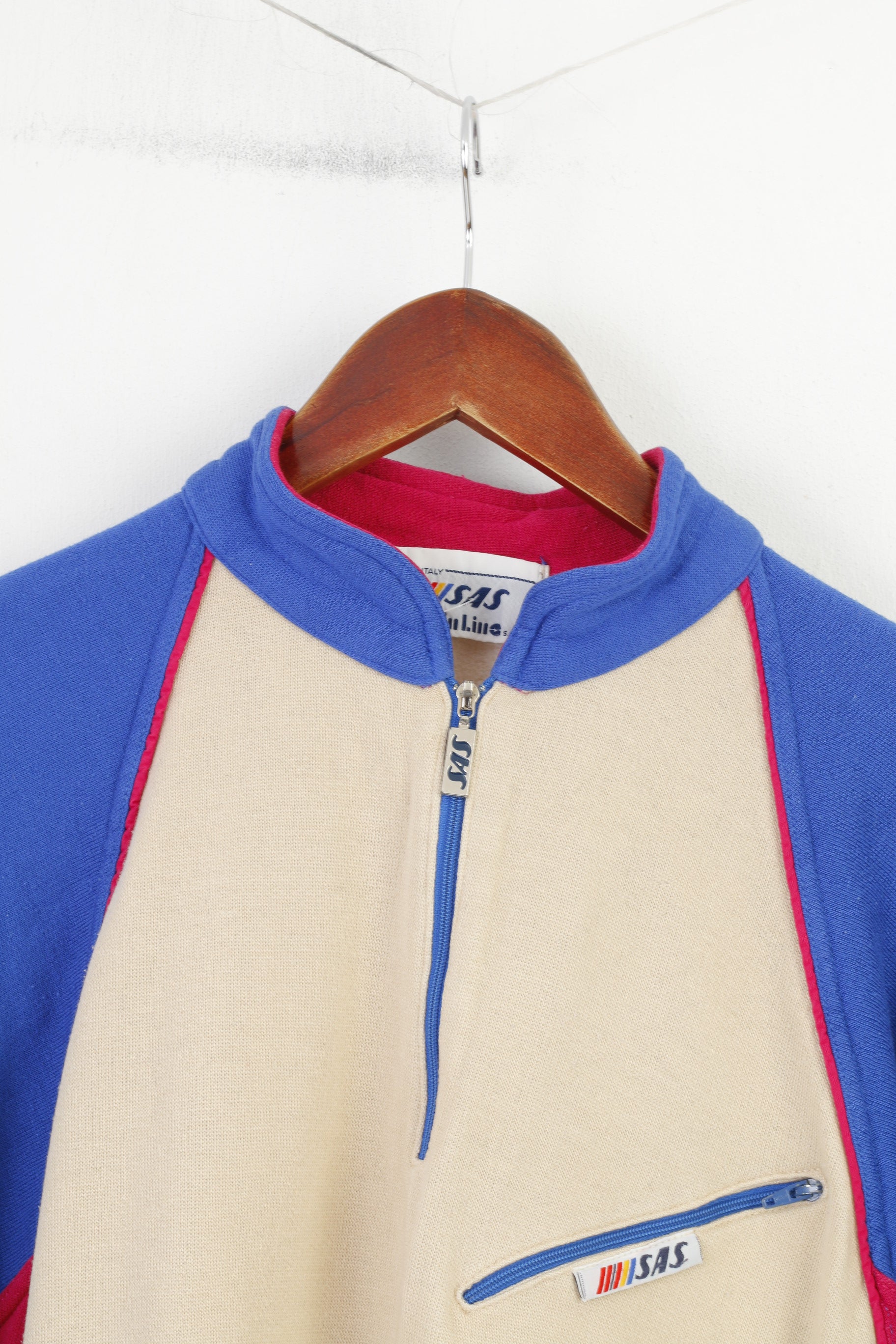 SAS Women M Sweatshirt  Zip Neck Beige Cotton Italy Sportswear Collar Oversize Vintage Top