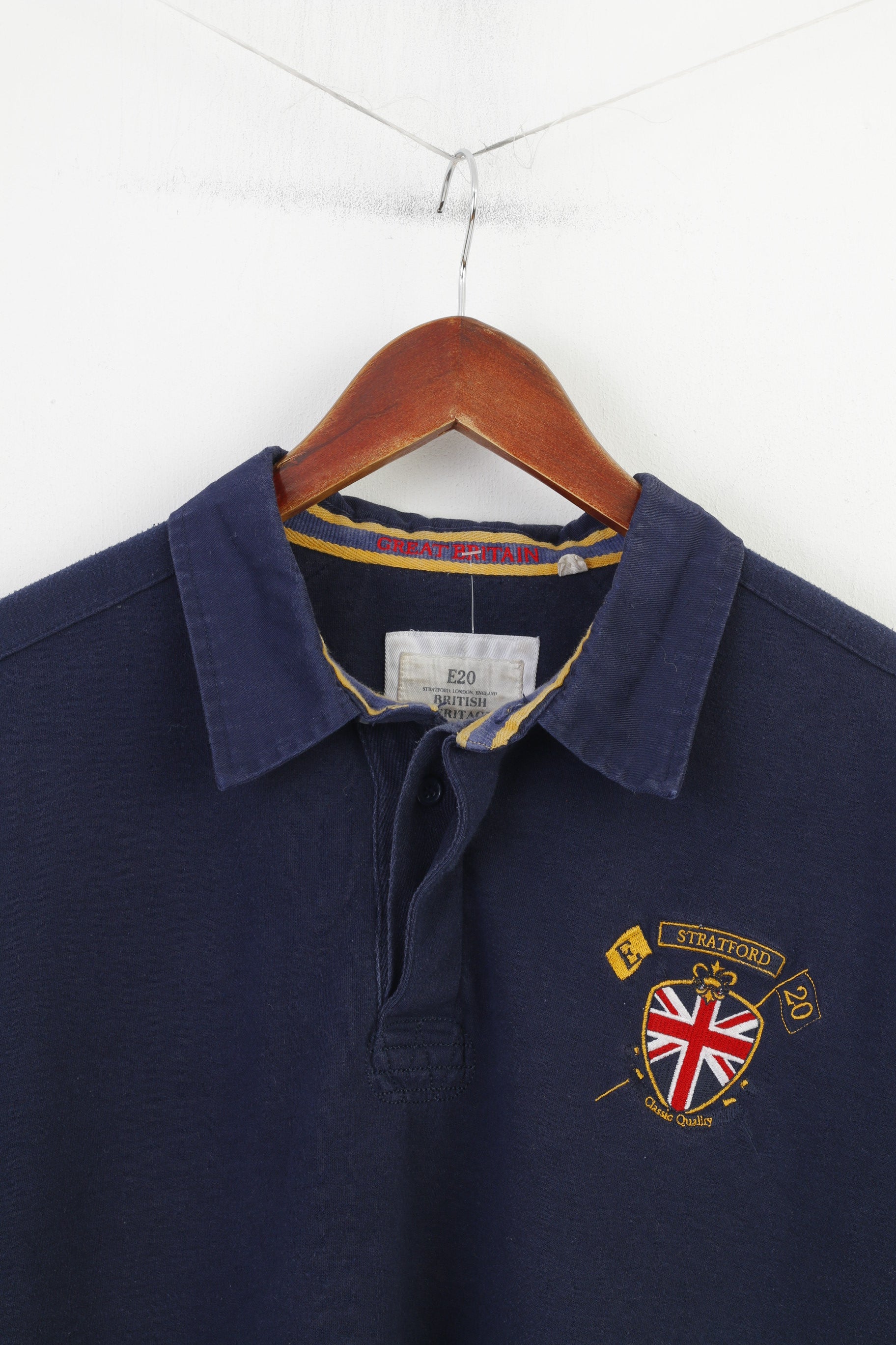 Stratford Hommes XL Polo Londres Angleterre Boutons Détaillés Manches Courtes Vintage Marine E20 Haut 