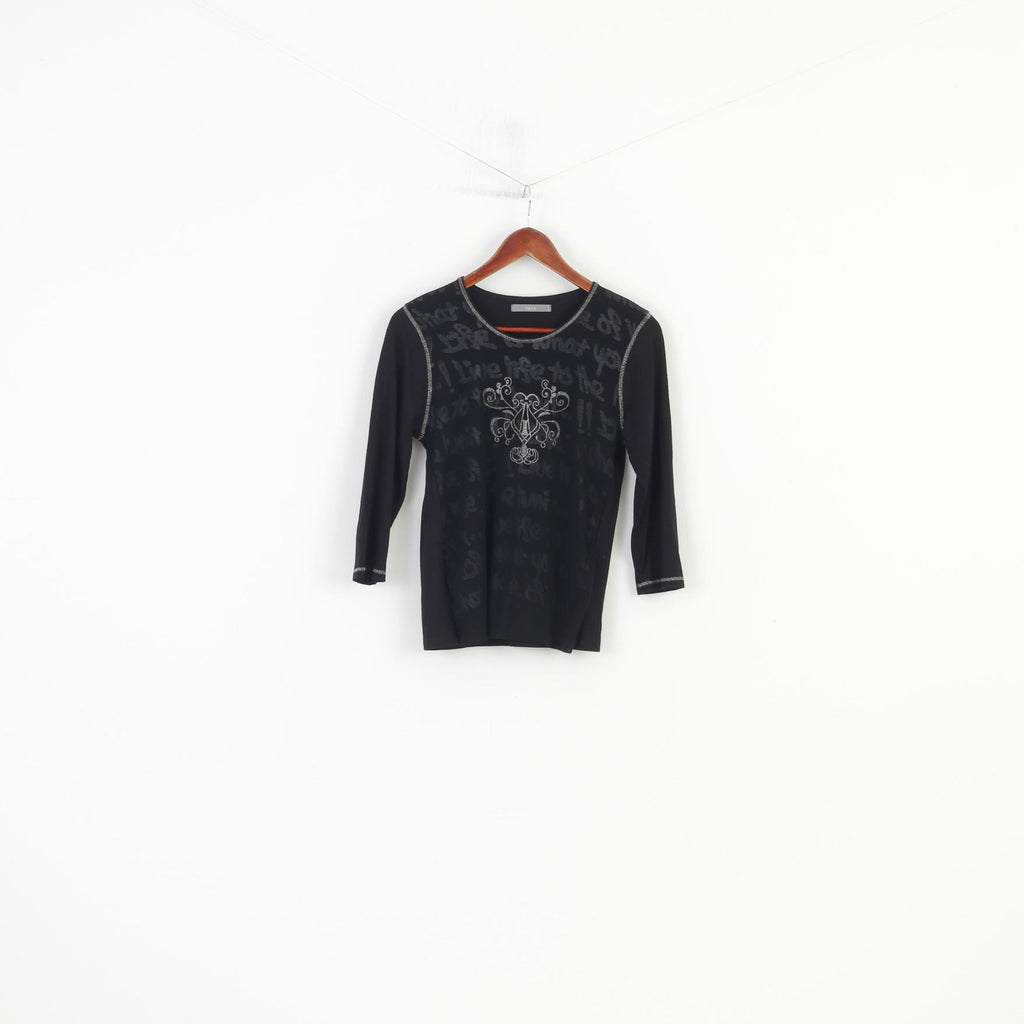 Notiz Women S  Shirt Long Sleeve Black Mesh Graphic Crew Neck Vintage Stretch Top