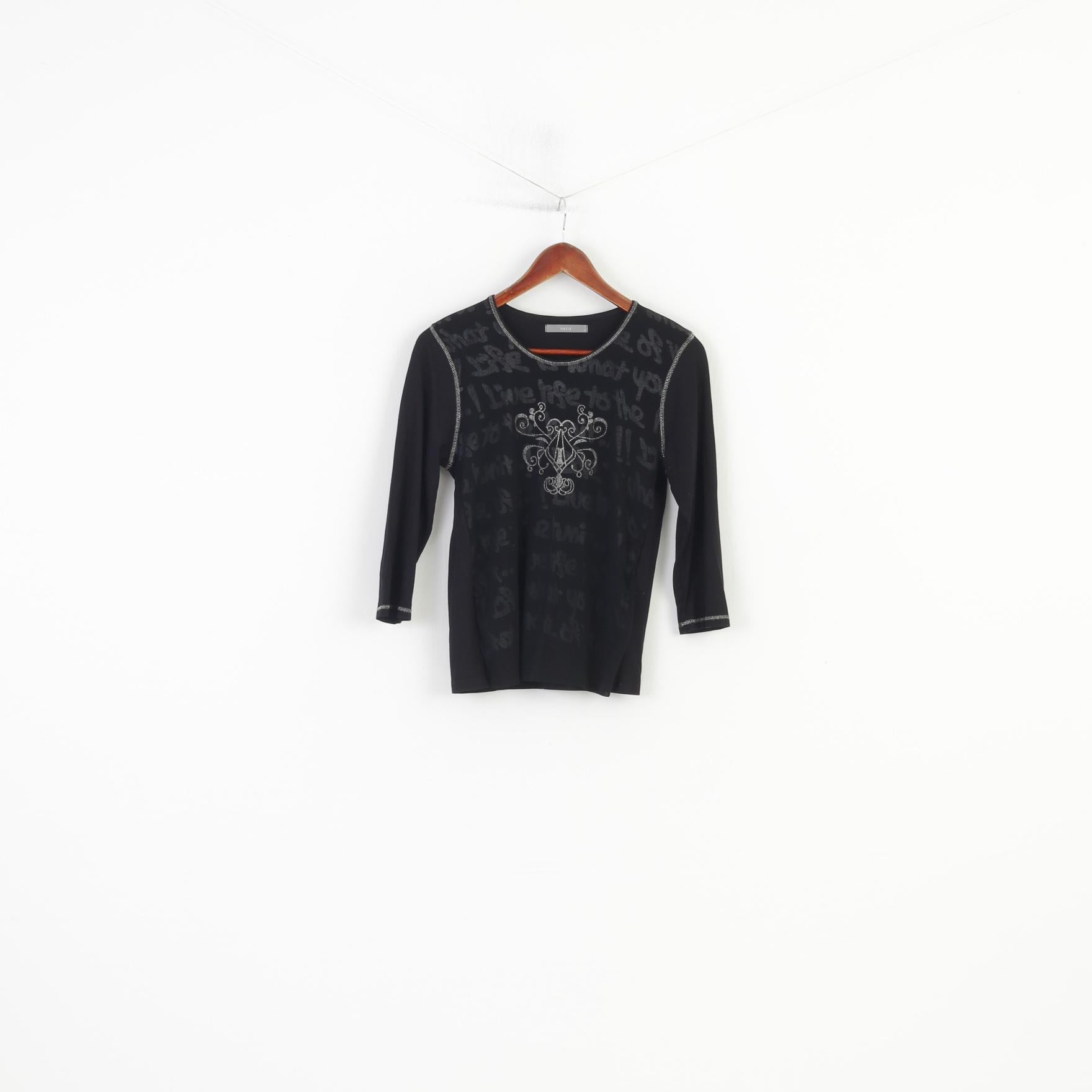 Notiz Women S  Shirt Long Sleeve Black Mesh Graphic Crew Neck Vintage Stretch Top