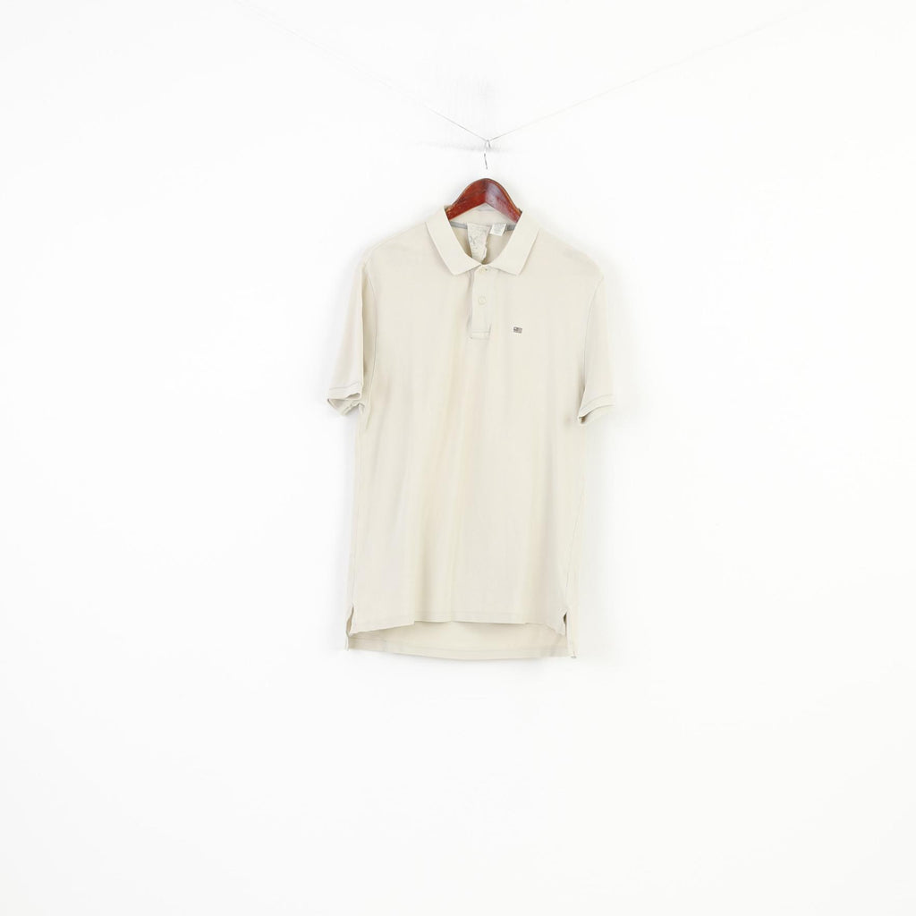 Ralph Lauren Polo Jeans Men L Polo Shirt Beige Collar Short Sleeve Vintage Cotton Top
