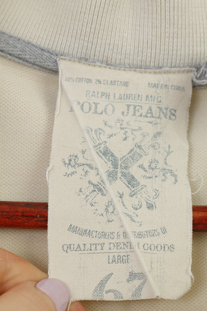 Ralph Lauren Polo Jeans Men L Polo Shirt Beige Collar Short Sleeve Vintage Cotton Top
