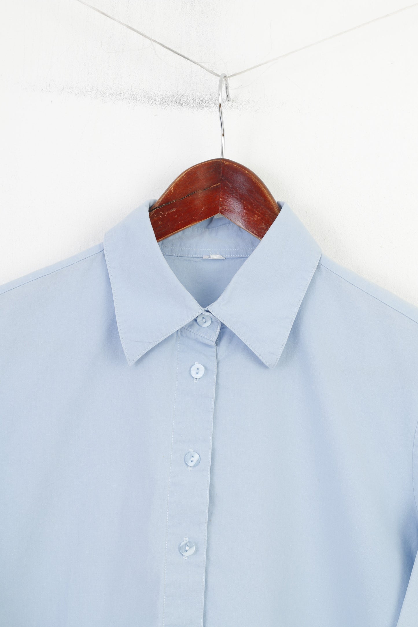 Vintage Women M Casual Shirt 7/8 Sleeve Blue Cotton Elegant Classic Bottoms Collar Top