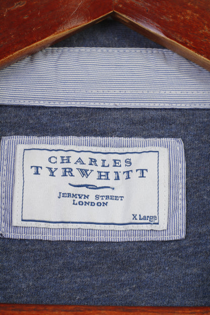 Charles Tyrwhitt Men XL Polo Shirt Blue Cotton Detailed Buttons  Long Sleeve Vintage Top