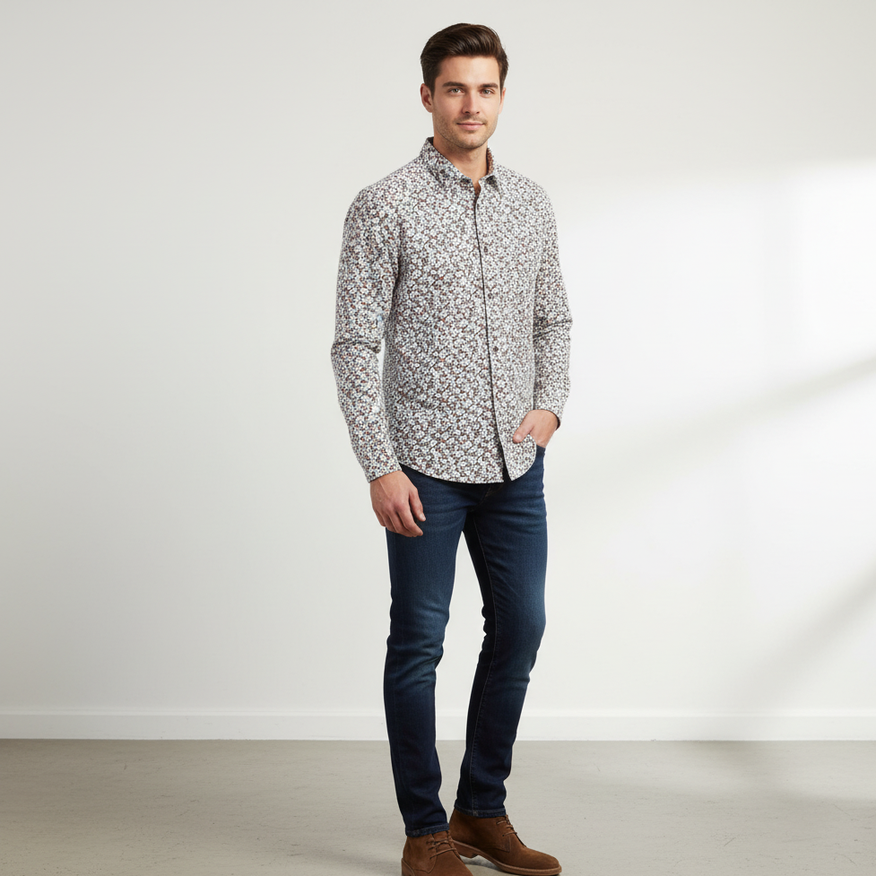 Pretty Green Men XL Casual Shirt White Printed Cotton Long Sleeve Pocket Top