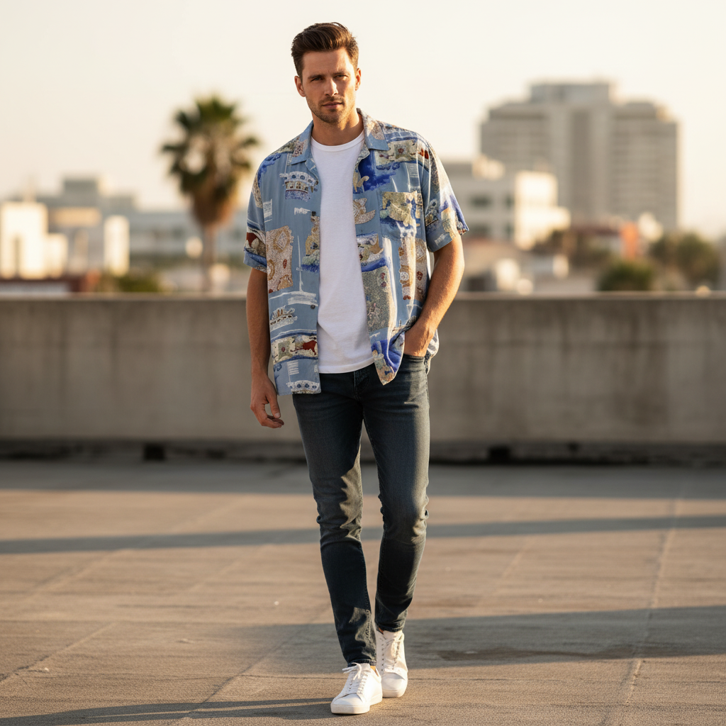 Vintage Globe Trotter Men's XL Casual Shirt - Blue Soft Cotton Printed Pocket Top