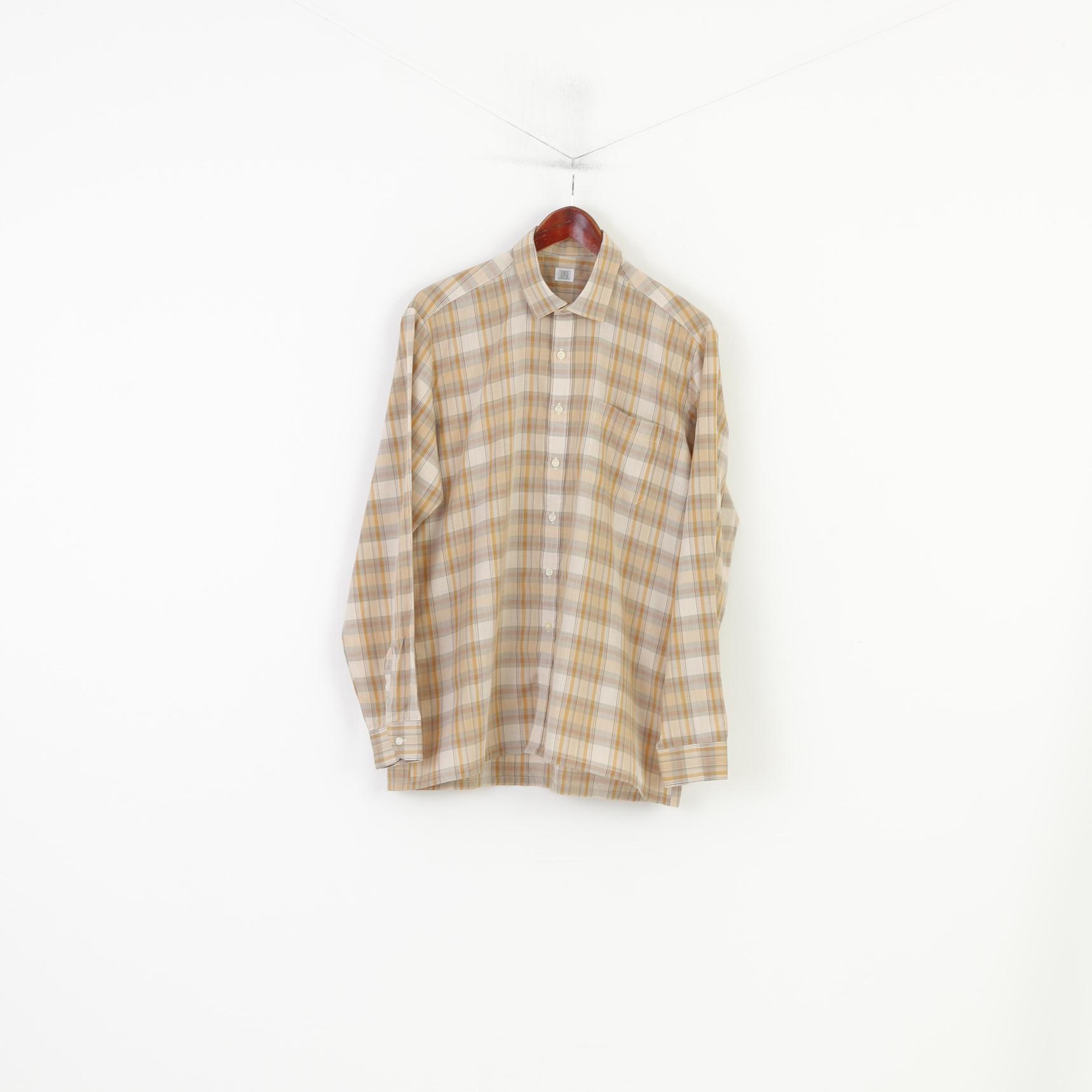 Vintage Globetrotter Men L Casual Shirt Brown Checkered Long Sleeve Top