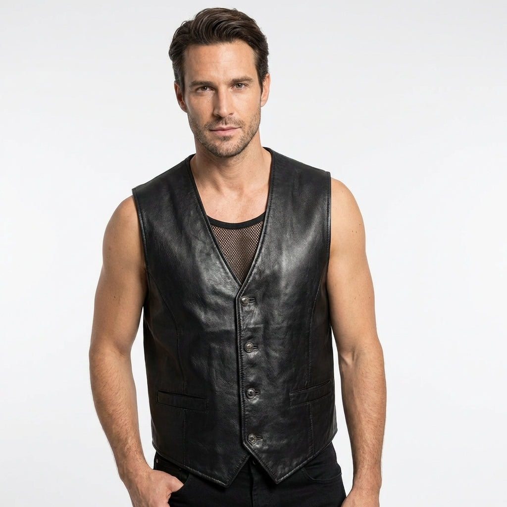 Vintage Men XL Waistcoat Black Soft Leather Detailed Buttons Casual Vest