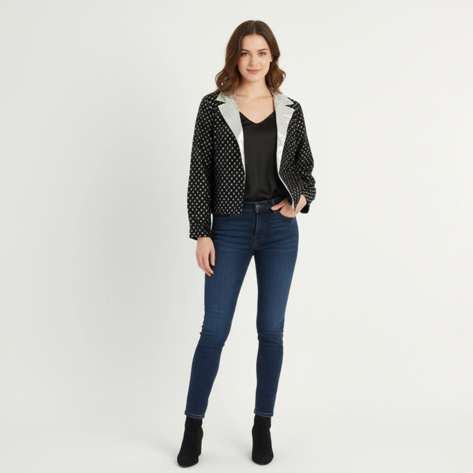 Vintage Women 44 L Cropped Blazer Black Silver Detailed Shiny Party Jacket