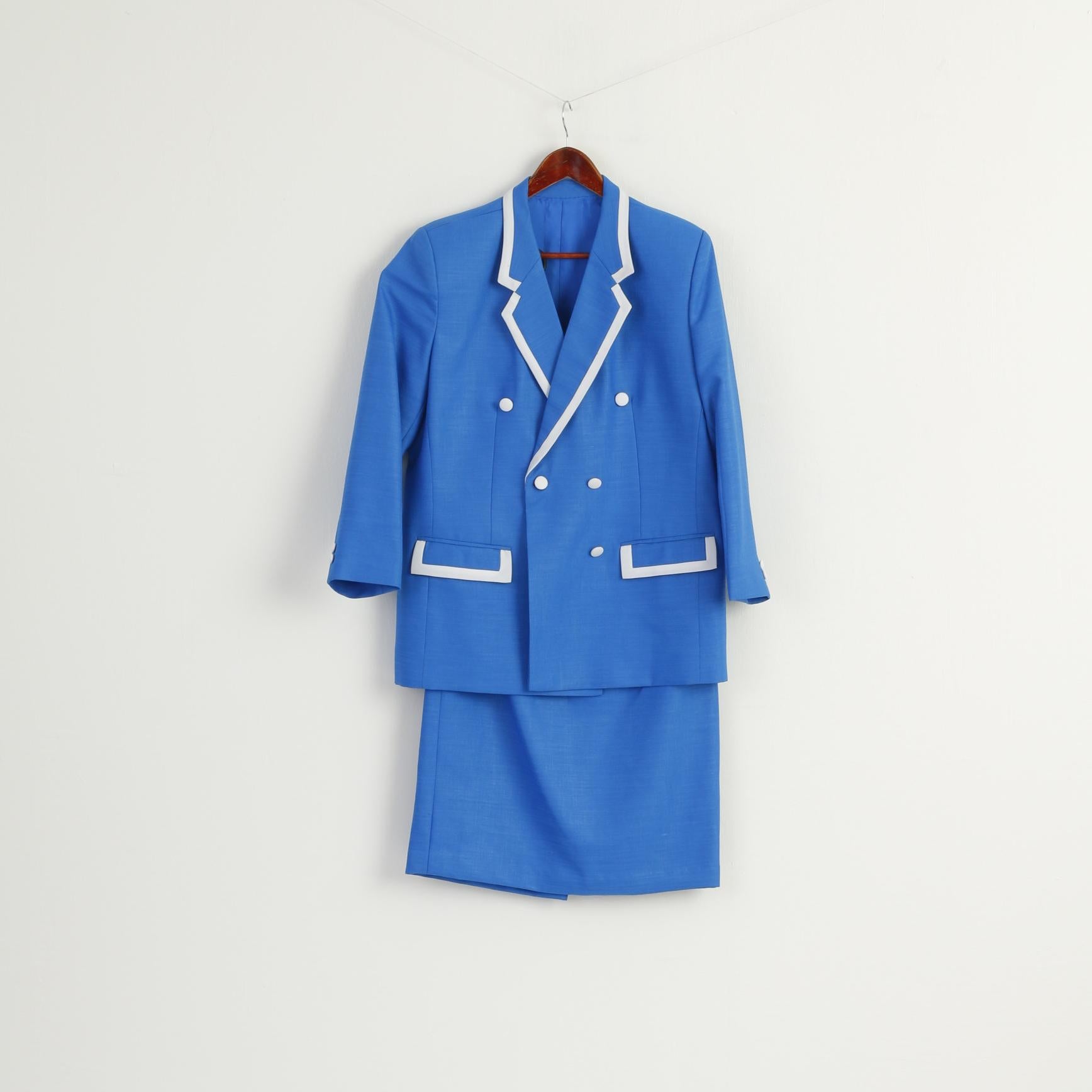 Vintage Women M Suit Blue Marine Jacket Skirt Set Elegant Hand Made