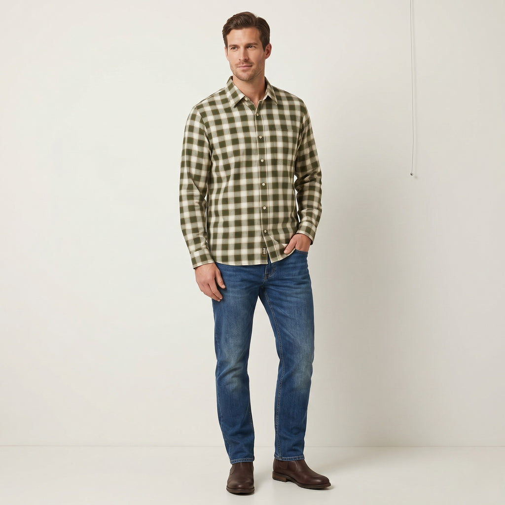 Timberland Men XL Casual Shirt Green Check Cotton Western Long Sleeve Top