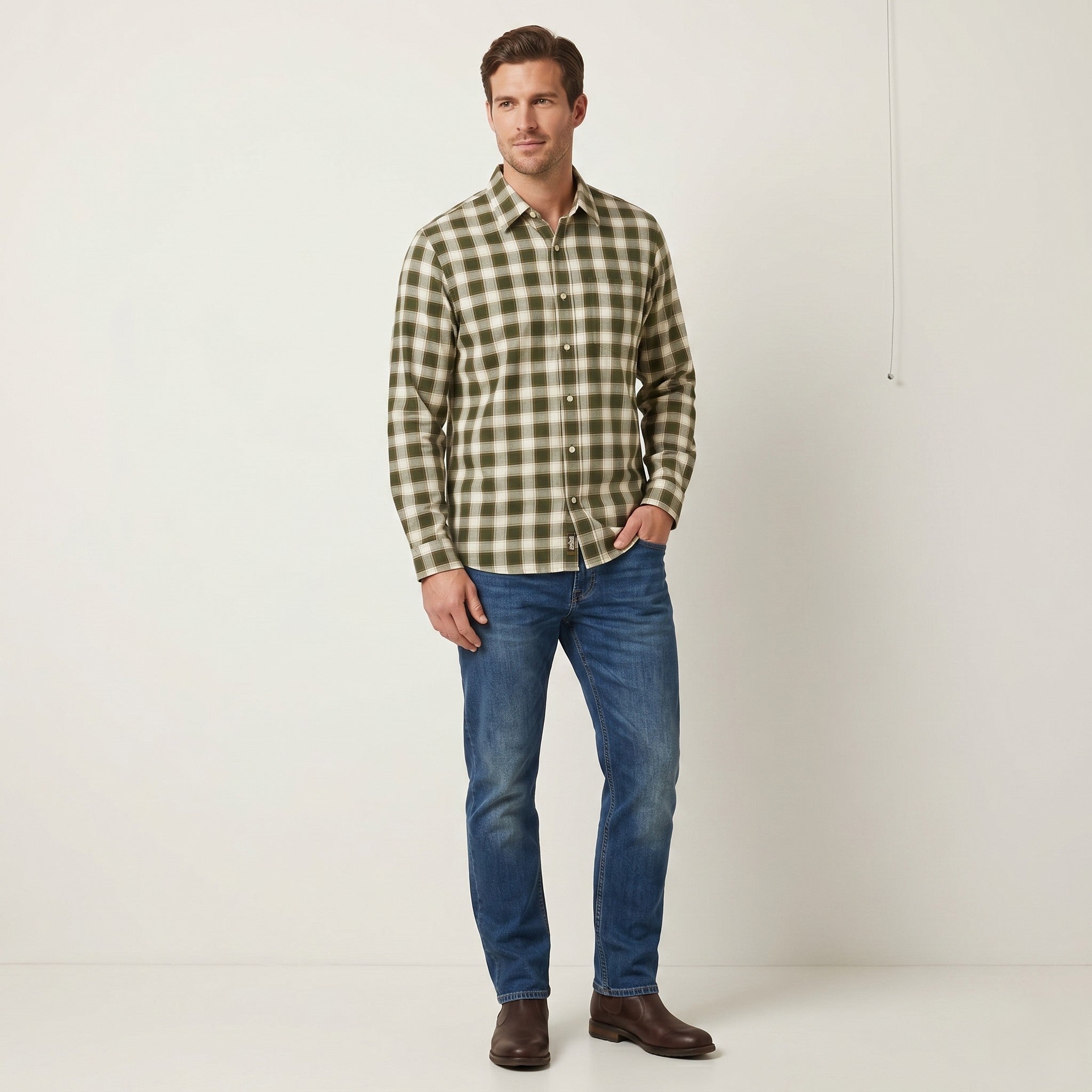 Timberland Men XL Casual Shirt Green Check Cotton Western Long Sleeve Top