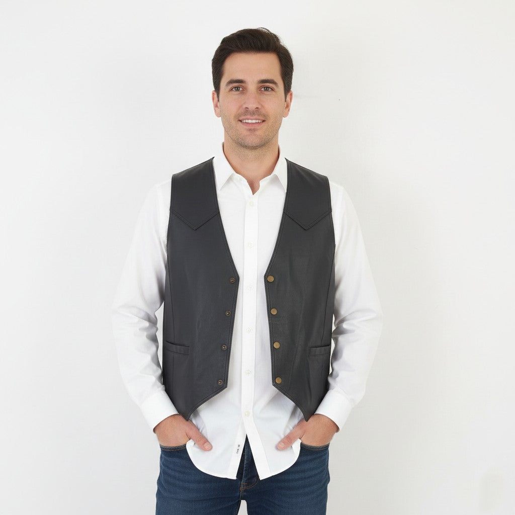 Vintage Men L Waistcoat Black Leather Snap Front Retro Pockets Western Vest