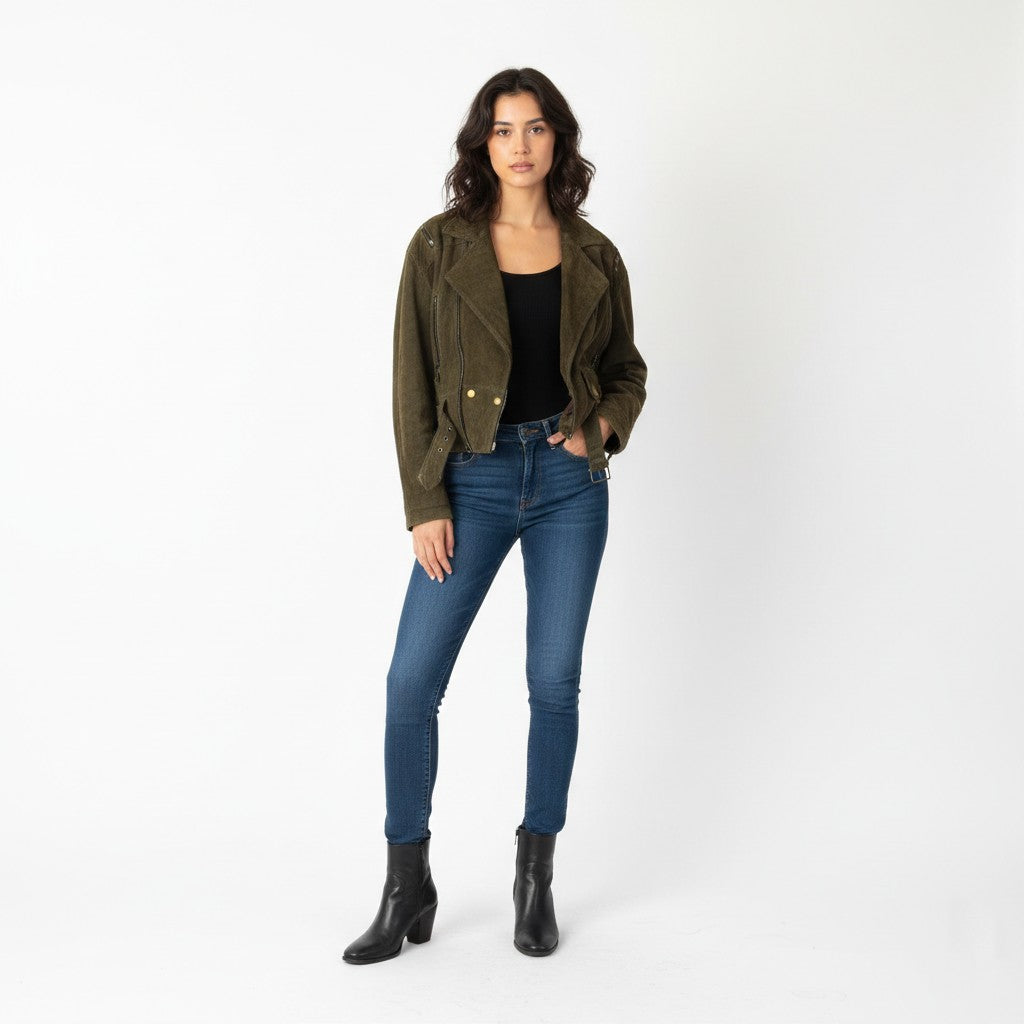 Miss Joy Women 40 Jacket Vintage Green Leather Biker Ramones Shoulder Pads Top