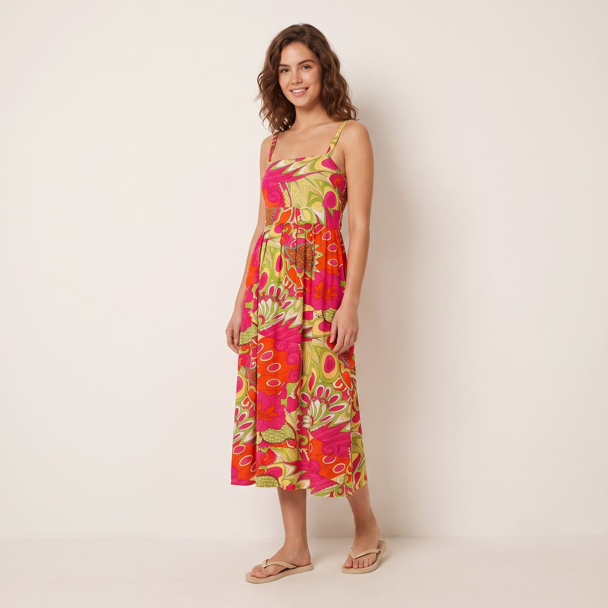Ethelaustin Women 14 M Midi Dress Straps Multicolor Flared Cotton Summer Flower Print Top