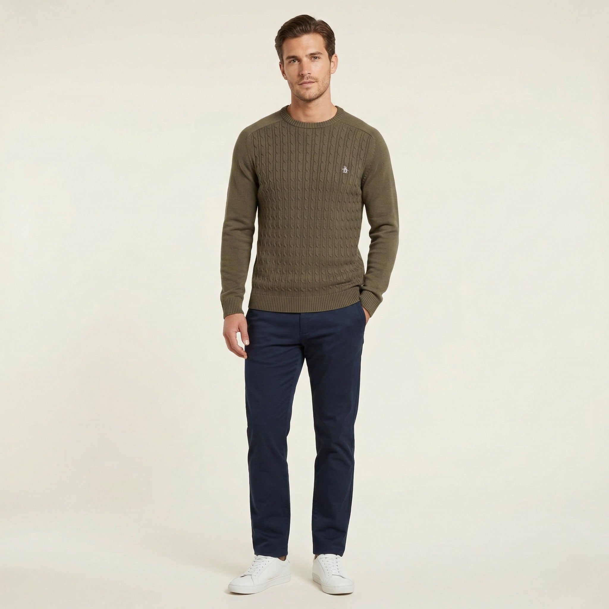 Penguin Men S Jumper Khaki Cotton Knitted Crew Neck Classic Stretch Sweater
