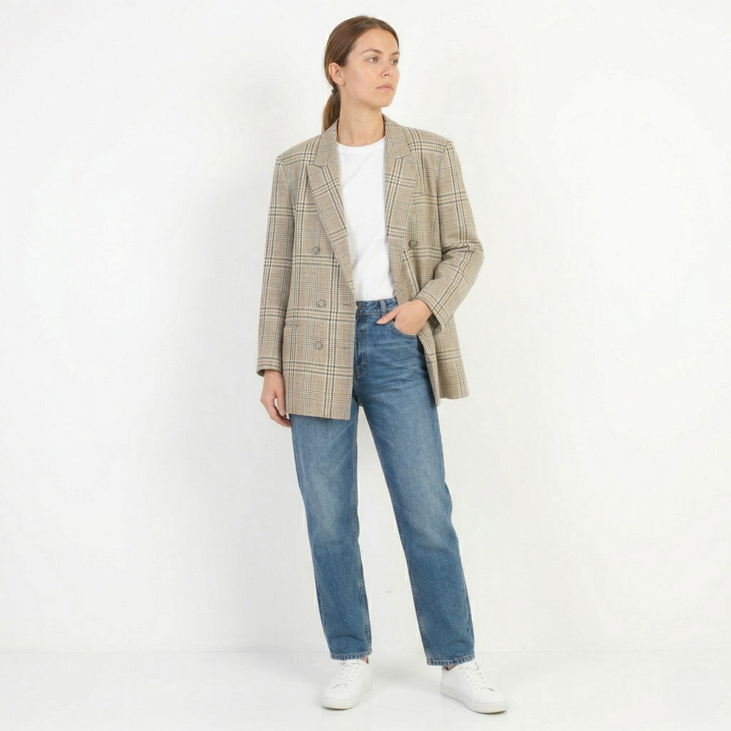 Sebastiano Women 42 XL Blazer Beige Wool Check Double Breasted Vintage Jacket