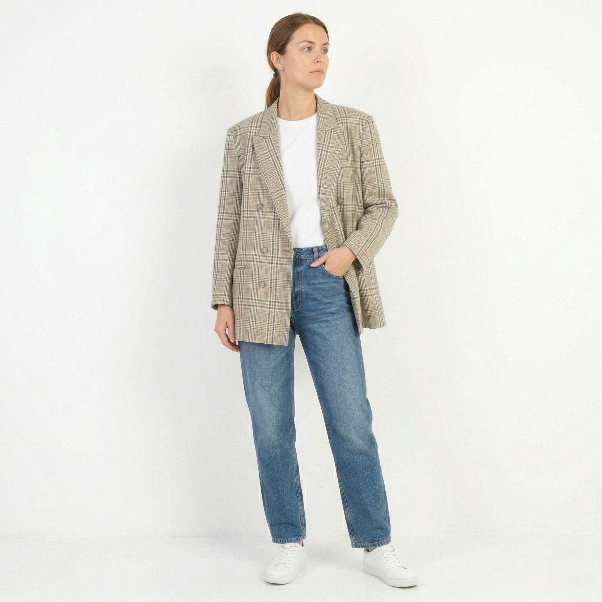 Sebastiano Women 42 XL Blazer Beige Wool Check Double Breasted Vintage Jacket