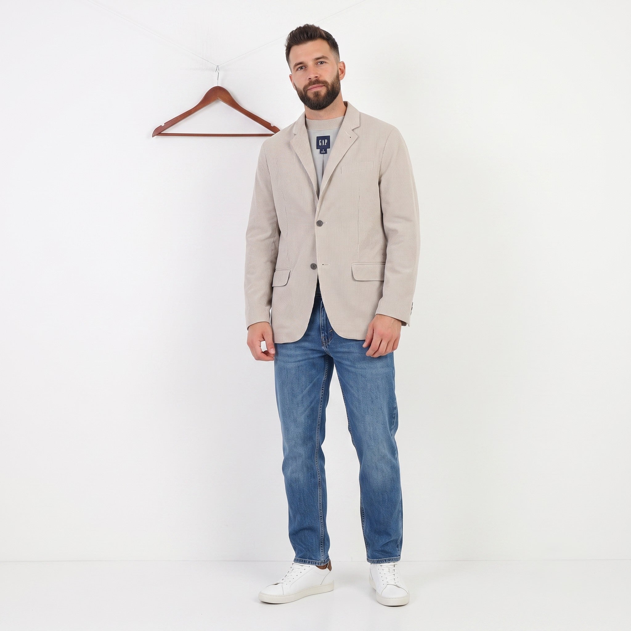 Gap Men M Blazer Breasted Striped Beige Bottoms Cotton Elegant Vintage  Top