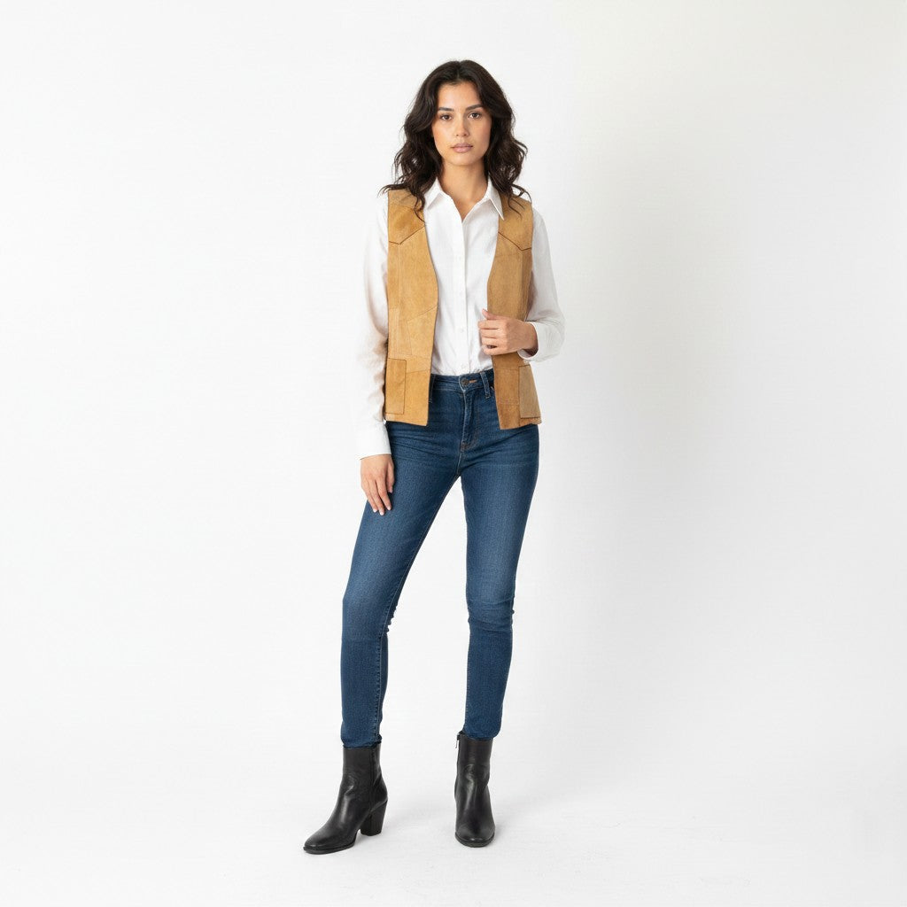 Vintage Women M Vest Patchwork Leather Suede Camel Retro Top