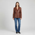 MONICA Women S/M Jacket Brown Leather Buttoned Multi Pockets Blazer Shoulder Pads Top