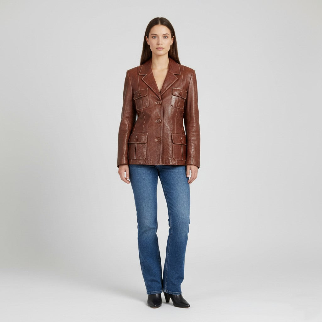 MONICA Women S/M Jacket Brown Leather Buttoned Multi Pockets Blazer Shoulder Pads Top