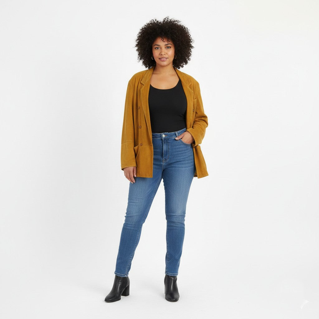 Vintage Women 48 XXL Jacket Mustard 100% Leather Suded Buttoned Casual Top