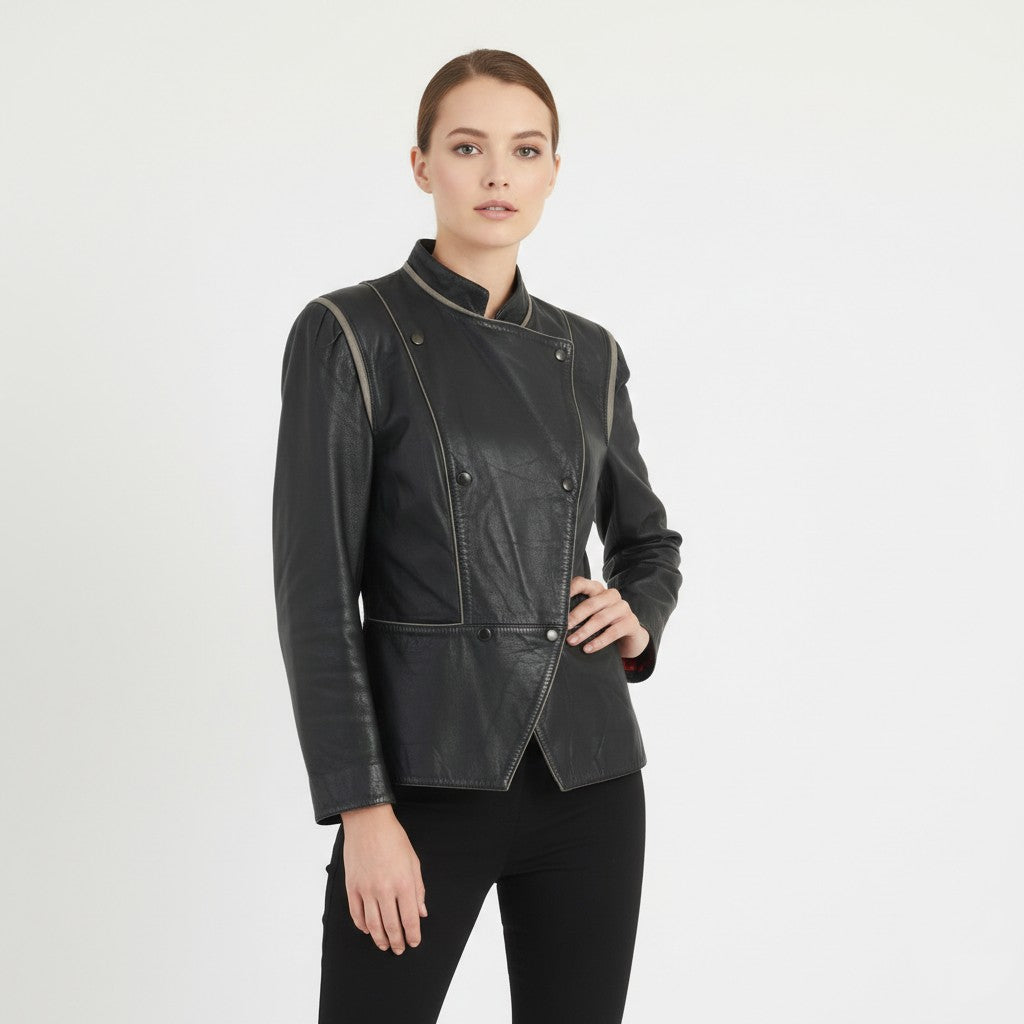 Vintage Women 38 S Jacket Black Leather Biker Ramones Shoulder Pads Top