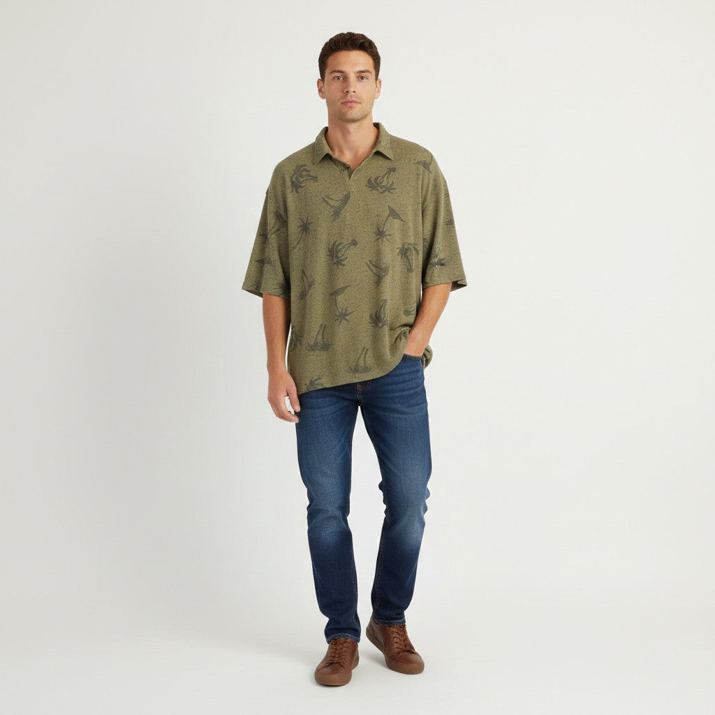 Columbia GRT Men L Polo Shirt Green Palms Print Sportswear Oversize Top