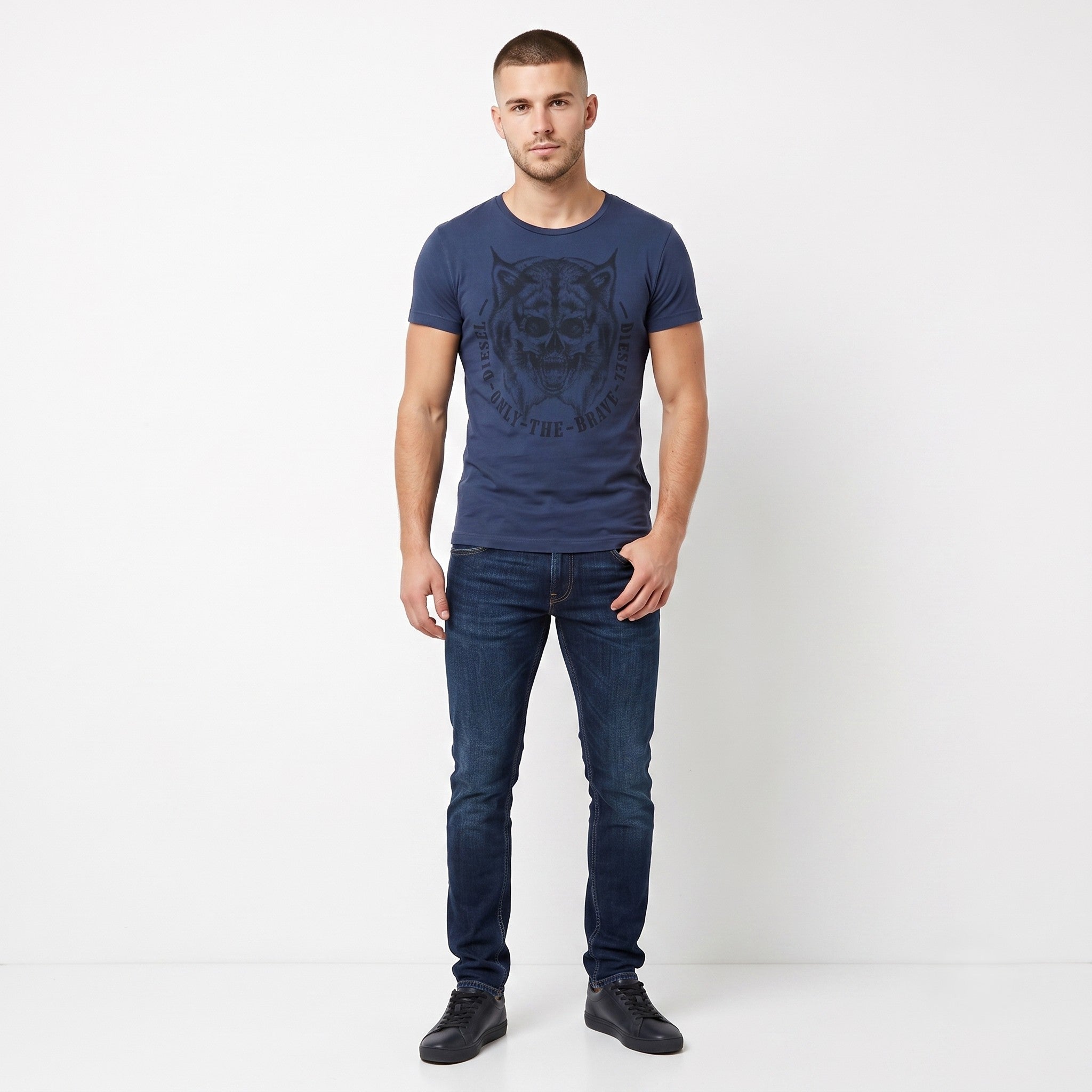 Diesel Men M Shirt Navy Cotton Graphic Only The Brave Crew Neck Fit Top