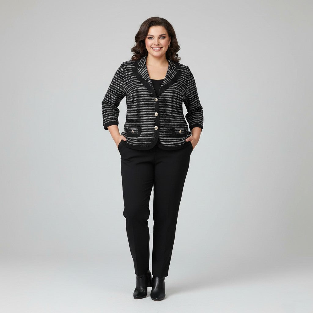 Giorgio Grati Women 52 XL Cardigan Black Striped Yacht Silver Buttons Italy Sweater