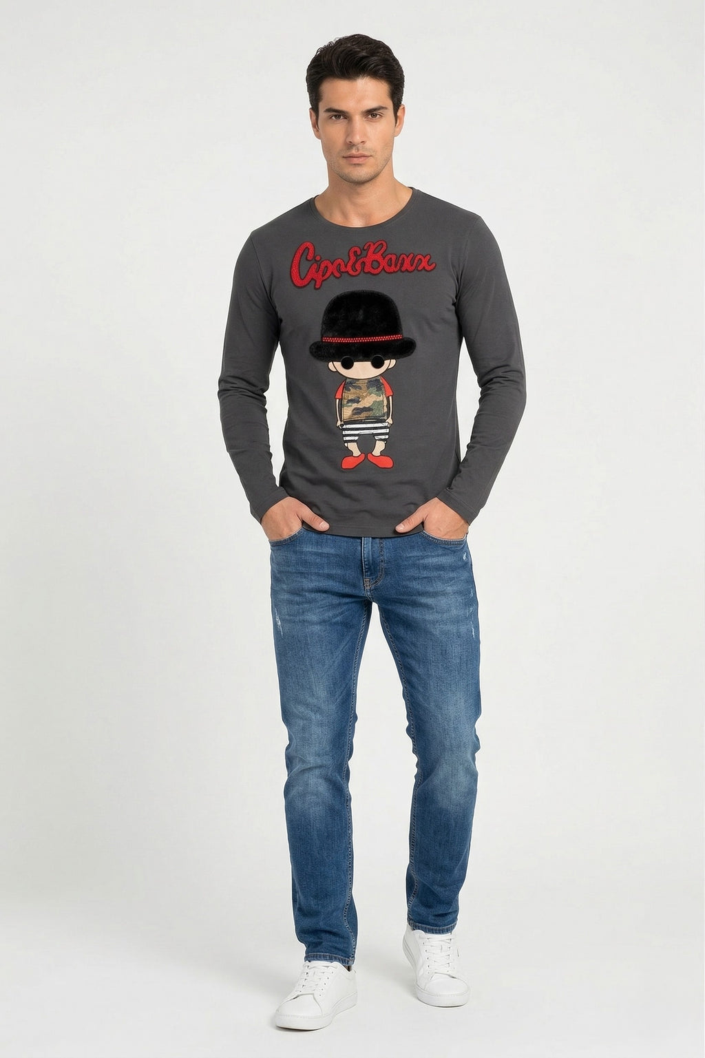Cipo & Baxx Men L Long Sleeved Shirt Cotton Grey Graphic Embroidered Guy