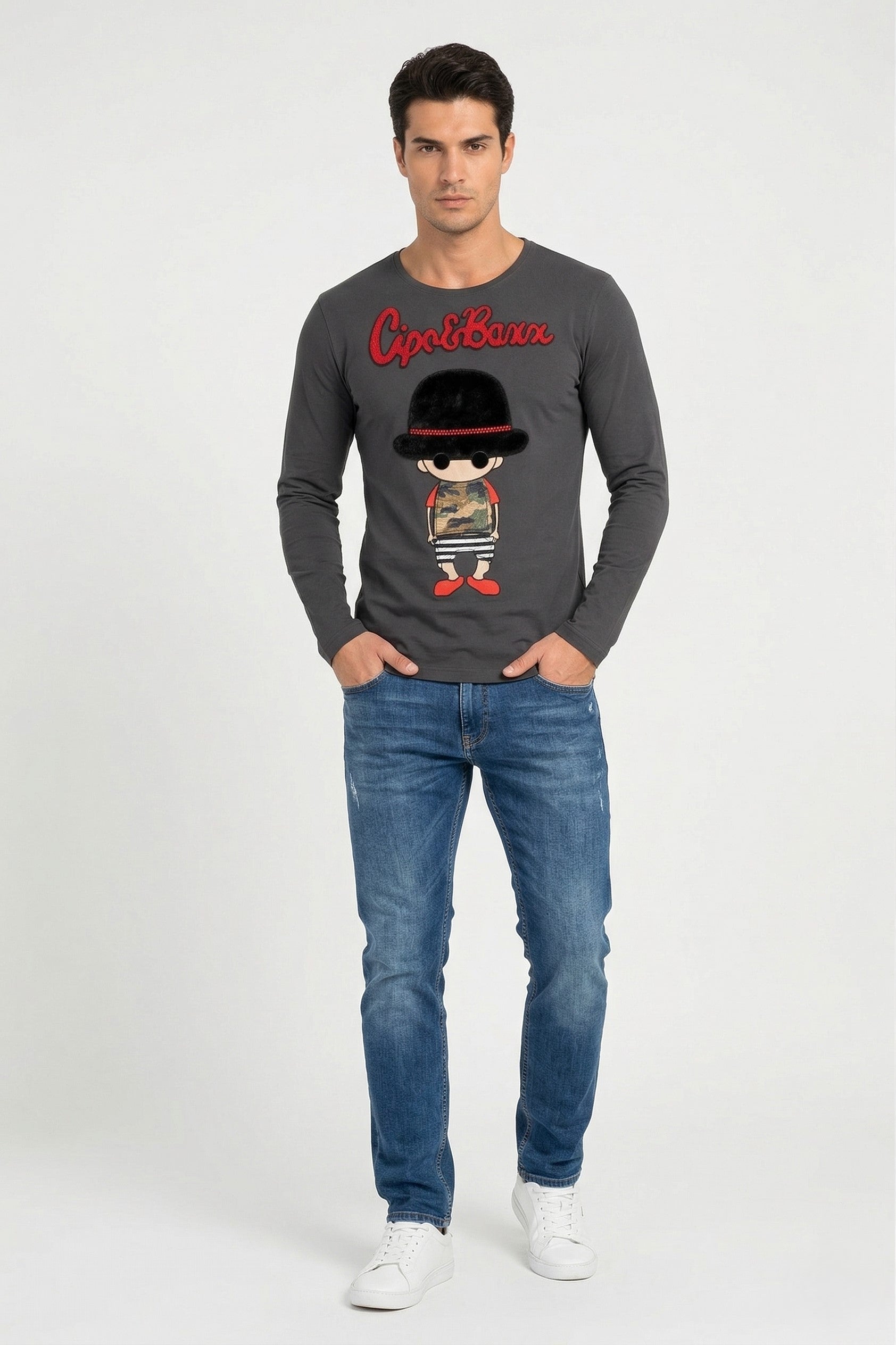 Cipo & Baxx Men L Long Sleeved Shirt Cotton Grey Graphic Embroidered Guy