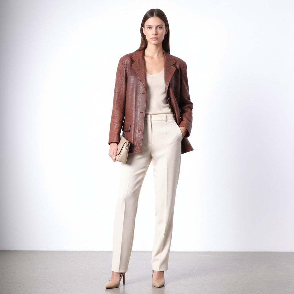 Maxin Norway Women 34 M Jacket Brown Leather Oversize Polarpels Single Breasted Blazer