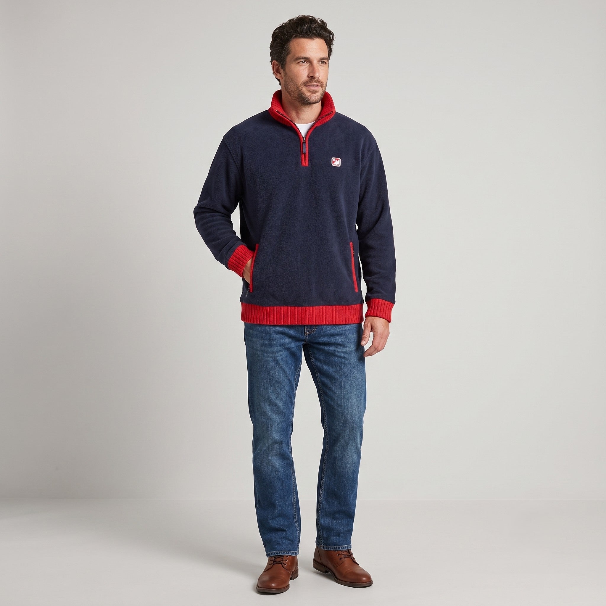 Starling Men L Jumper Navy Blue Collar Zip Neck Pockets Long Sleeve Ocean Gear Top