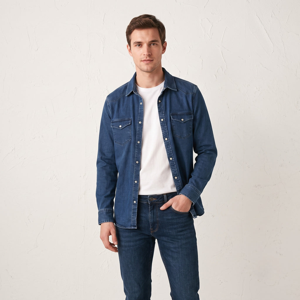 Mustang Men S Casual Shirt Blue Denim Slim Fit Stretch Long Sleeve Vintage Top