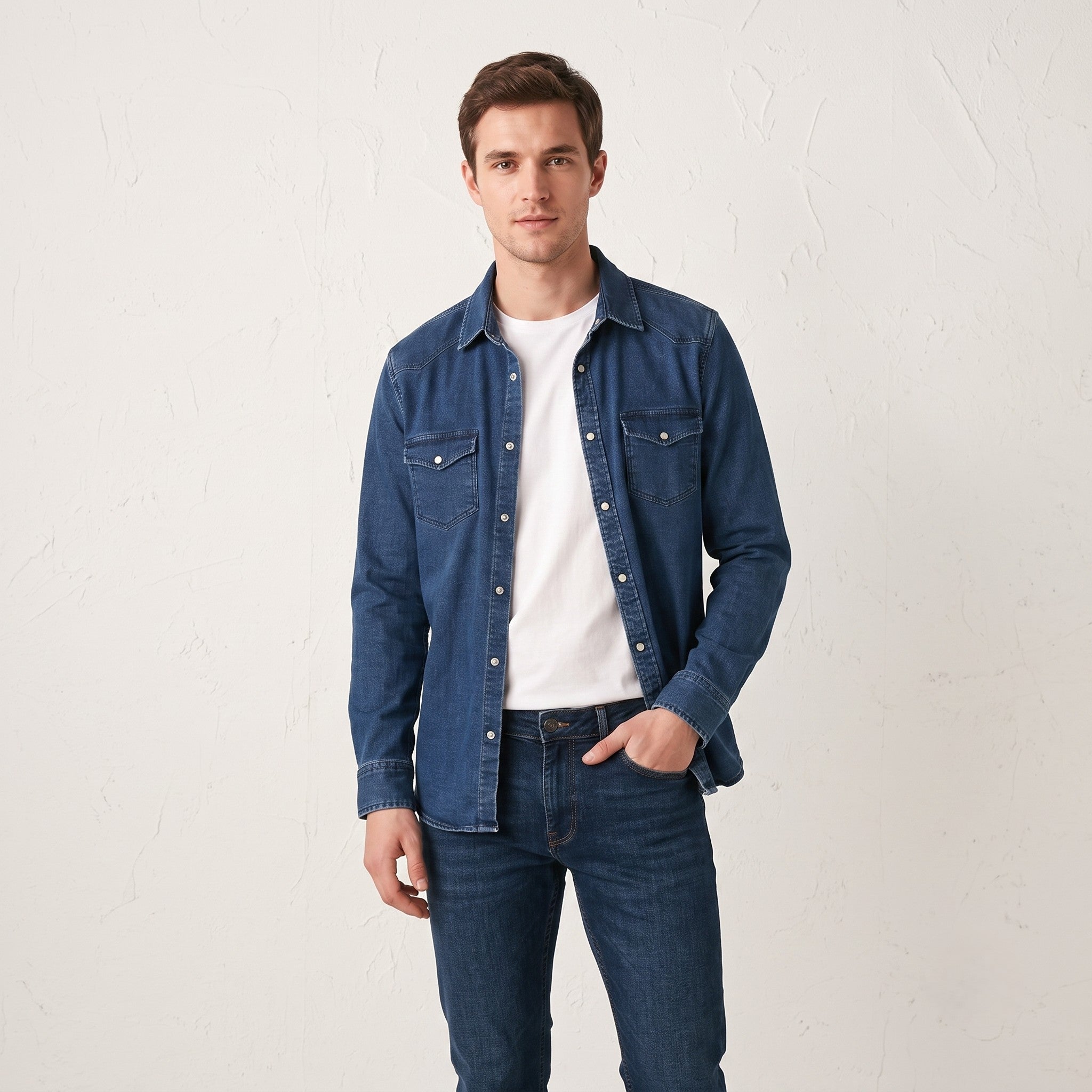 Mustang Men S Casual Shirt Blue Denim Slim Fit Stretch Long Sleeve Vintage Top