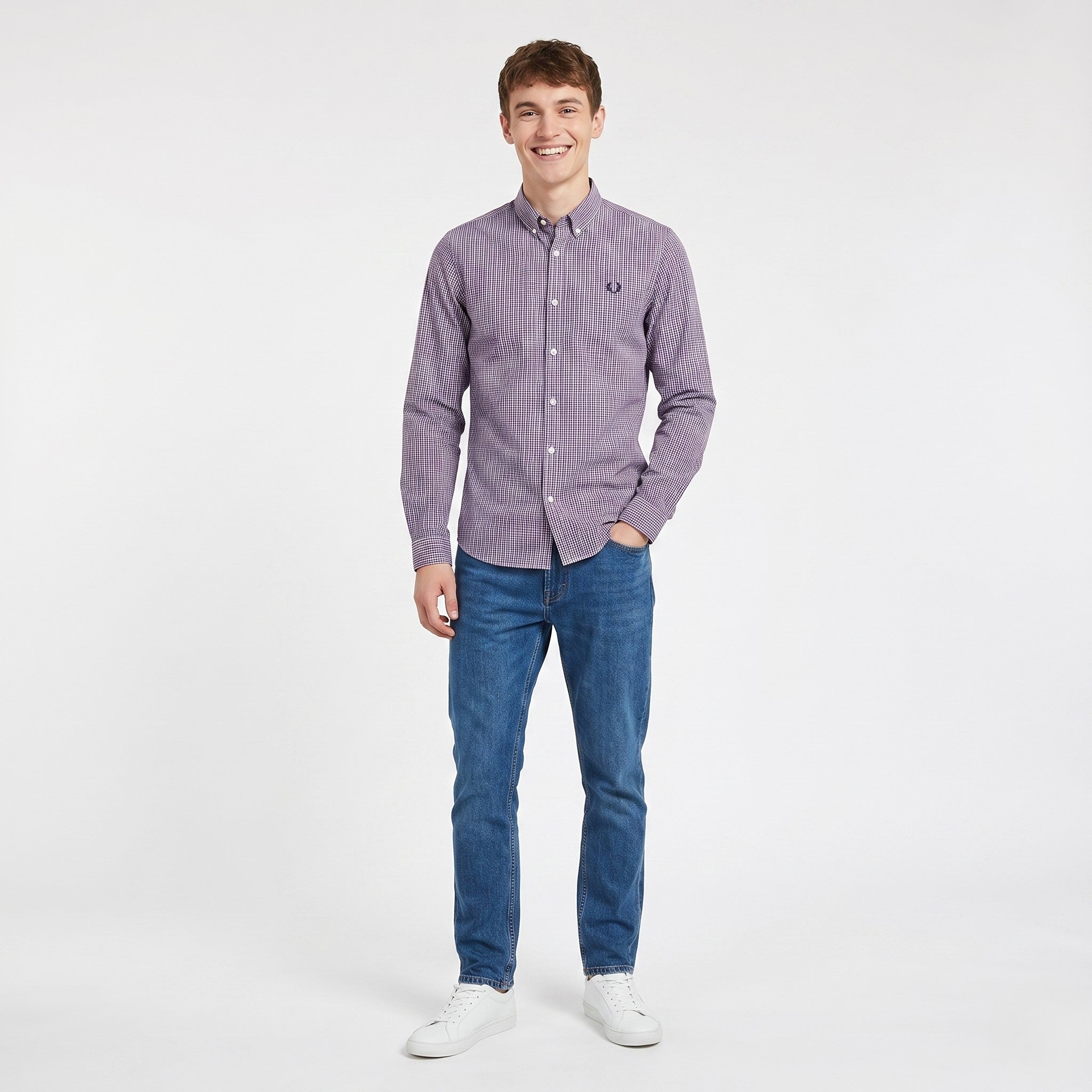 Fred Perry Men S Casual Shirt Checkered Blue Burgundy Long Sleeve Collar Elegant Cotton Top