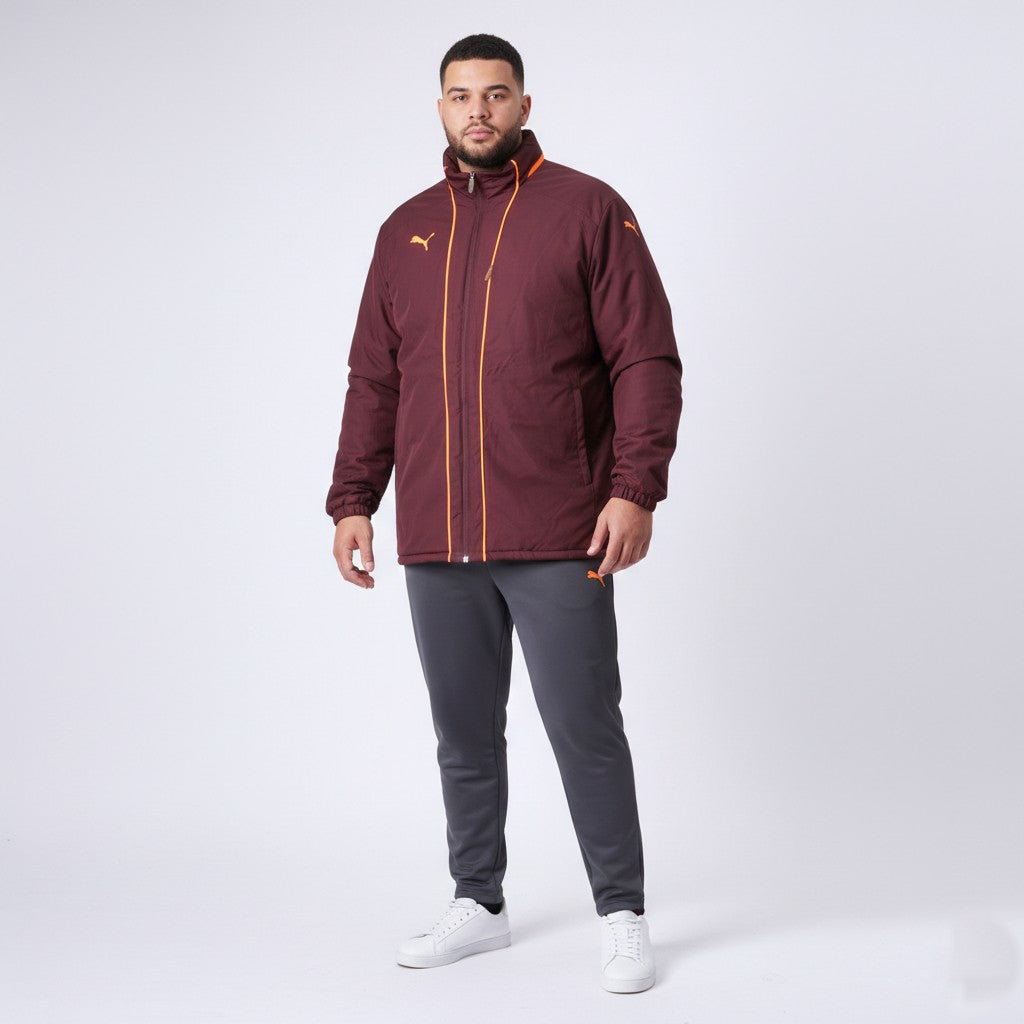 PUMA Mens XL Jacket Maroon Full Zipper Hidden Hood Padded Sport Orange Logo Top