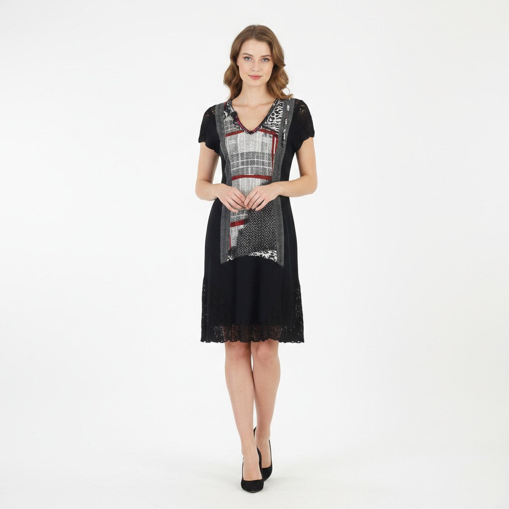 Peruggi Women S Dress Black Wool Vintage V Neck Translucent Stretch Made in Italy