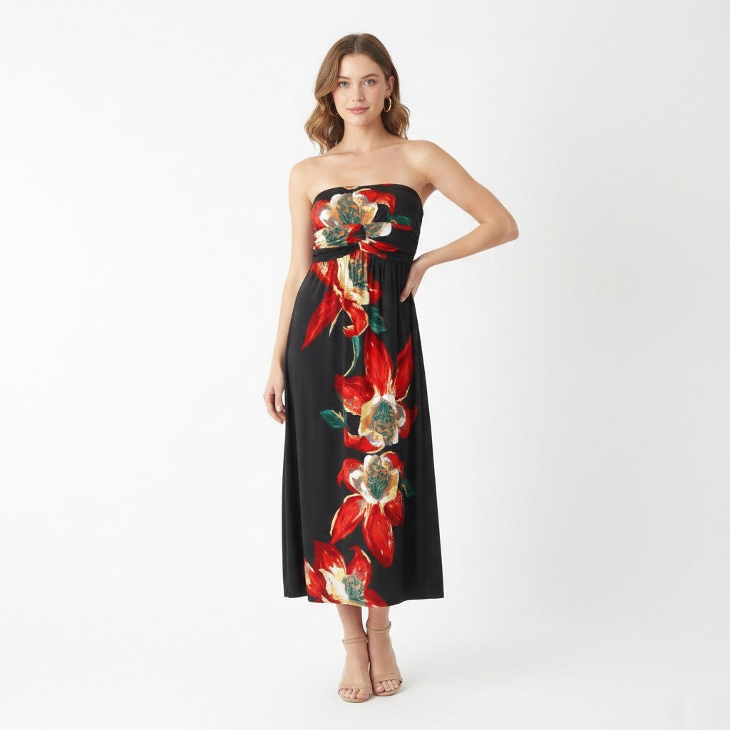 Stella Morgan Women S Midi Dress Black Bandeau Flowral Print Lining Summer
