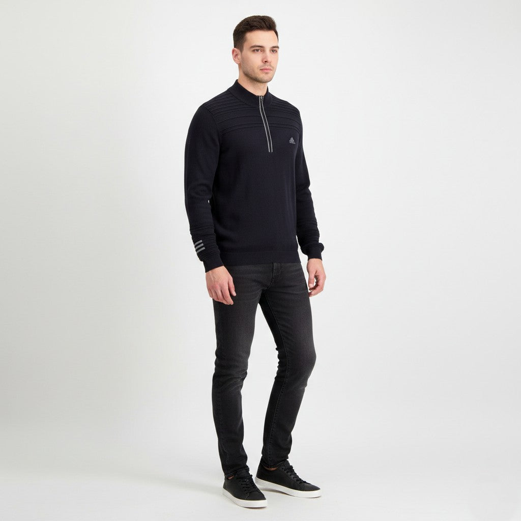 Adidas Men L Jumper Black Soft Cotton Stretch 3 Stripe Zip Neck Casual Sweater