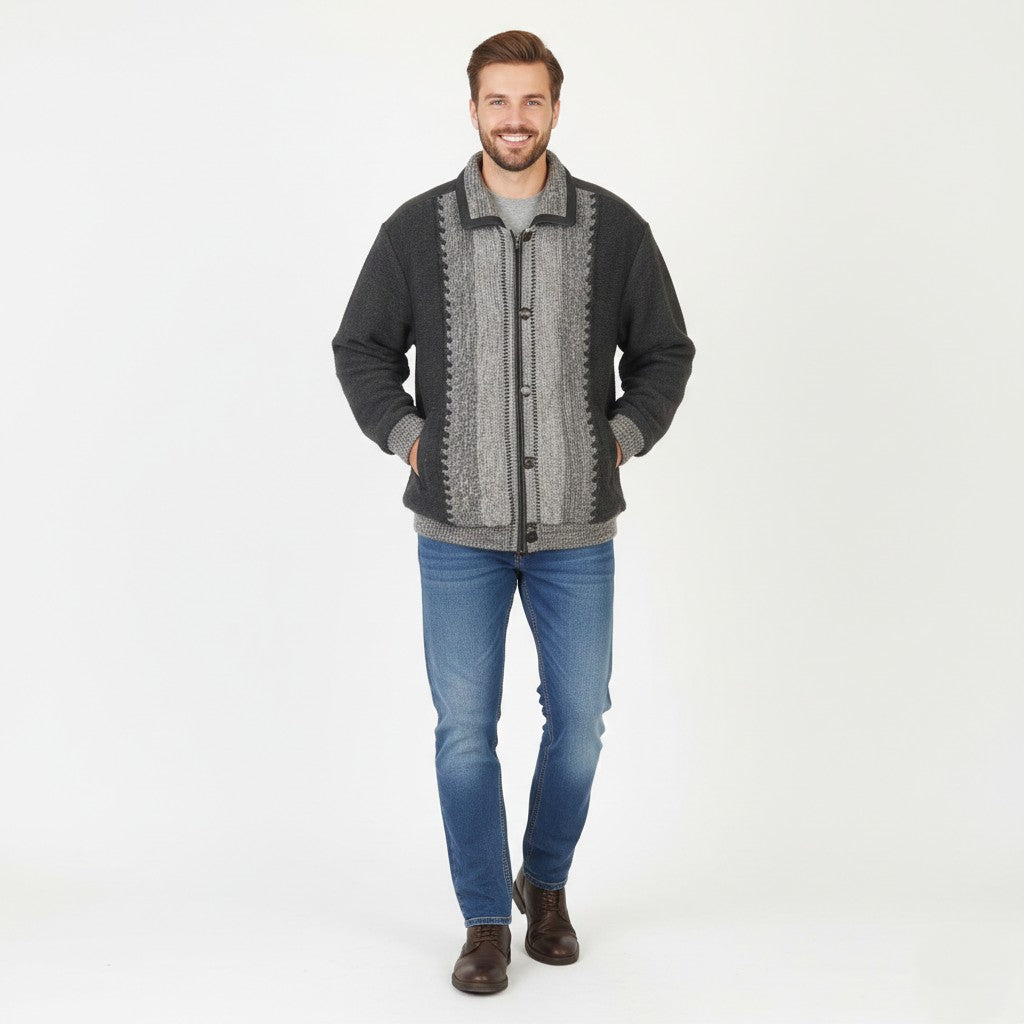 Vintage Men 46 56 XXL Cardigan Gray Wool Padded Heavy Detailed Buttons Sweater