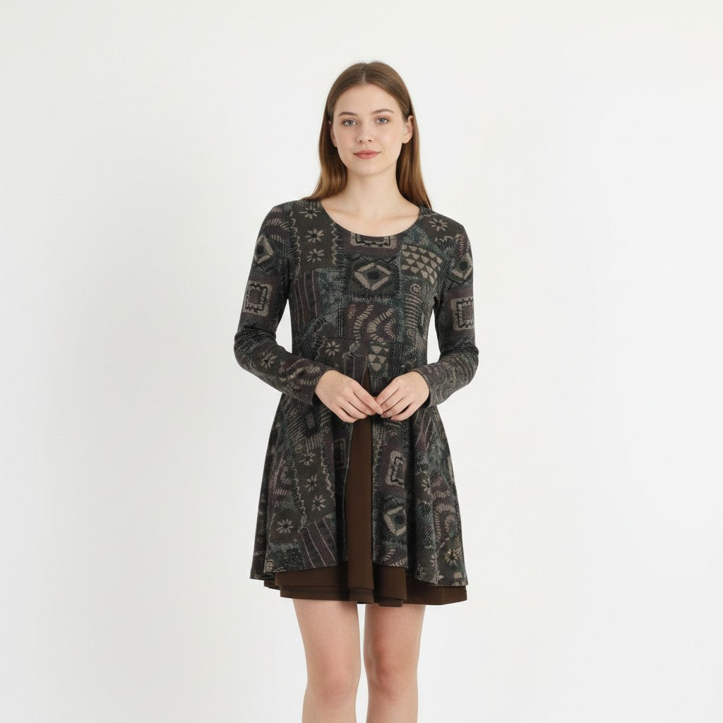 Jazz Collection Women S Mini Dress Green Printed Swing Skater Crew Neck