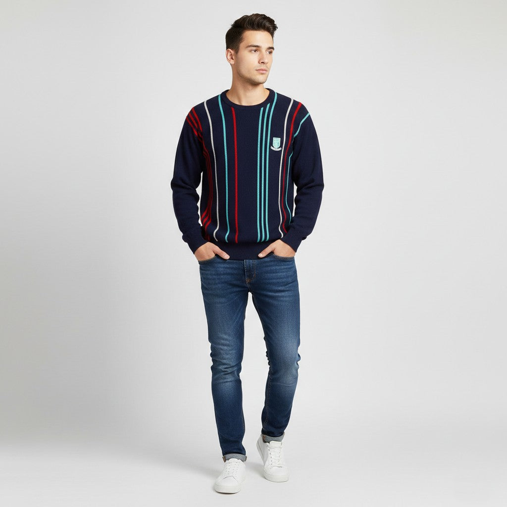 Pringle Sports Men S Jumper Navy Striped New Wool Scotland Retro Sweater