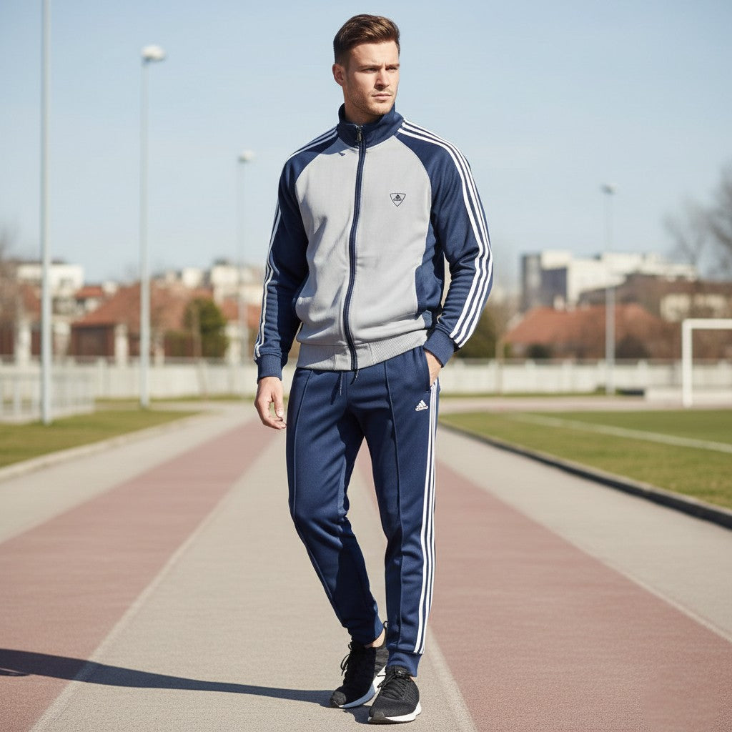 Adidas Men L Sweatshirt Grey Navy Cotton Vintage Full Zipper Activewear Top